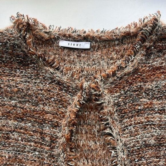 Sioni Womens Open Front Brown White Frayed Hem Textured Cardigan w/ Sequins - Picture 5 of 13
